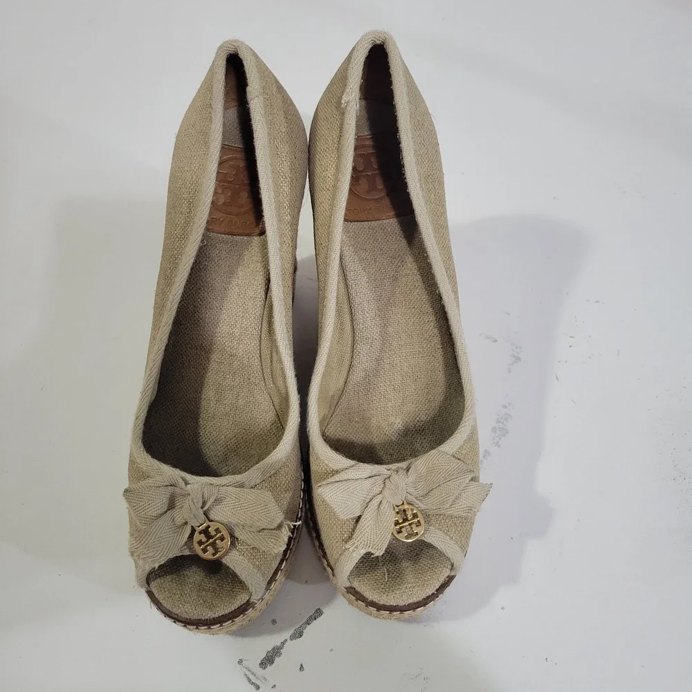 Tory Burch Jackie Espadrille Wedges Womens 8.5 B Beige Peep Toe Slip On Canvas